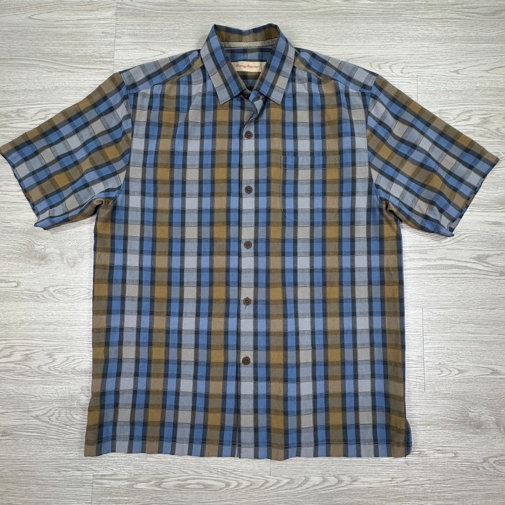 Tommy Bahama Mens Button Down Shirt Plaid Blue Brown Medium 100% Silk
